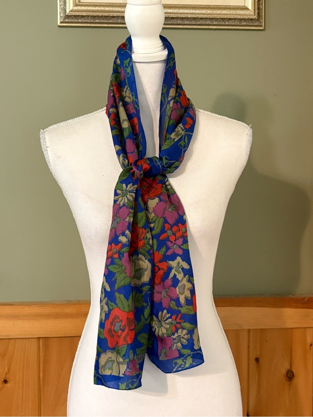 Vintage Sarah Coventry Blue Floral Oblong Scarf Sheer Chiffon Neck Hair Wrap